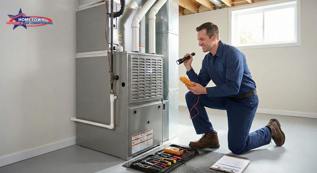 A technician in a bright basement performing a routine safety check on a modern furnace